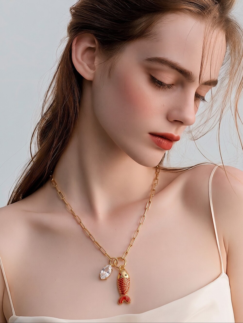Mayamar Red Fish and Crystal Charm Necklace & Gift Bag